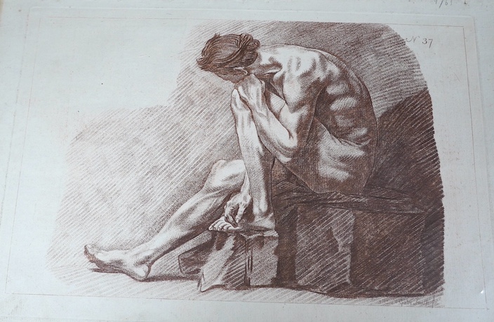 Gabriel Smith?, sepia engraving, Study of a nude man, 21 x 32cm, unframed. Condition - fair to good, some wear to edges